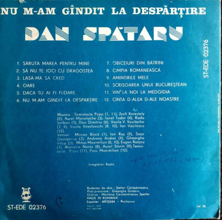 Dan Spătaru - Nu M-am Gîndit La Despărțire, (Disc Vinil) [1]