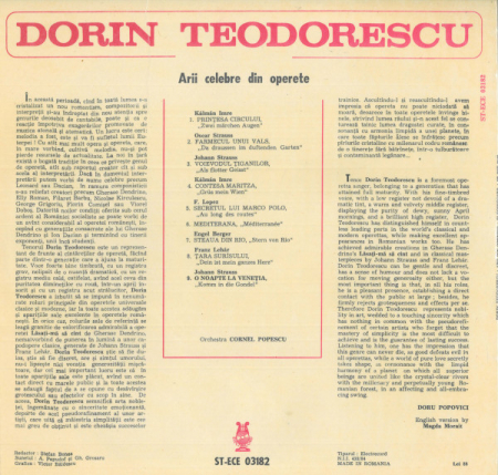 Dorin Teodorescu - Famous Arias From Operettas = Arii Celebre Din Operete, (Disc Vinil) [1]