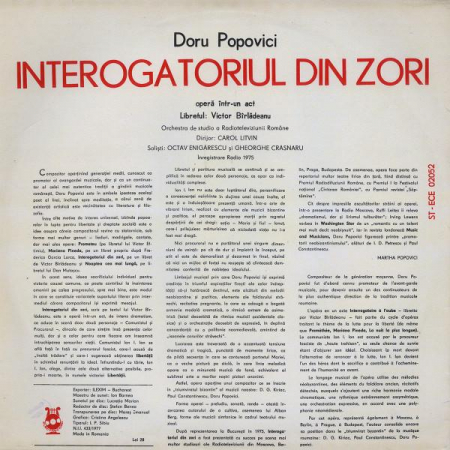 Doru Popovici - Interogatoriul Din Zori (Operă Într-un Act), (Disc Vinil) [1]