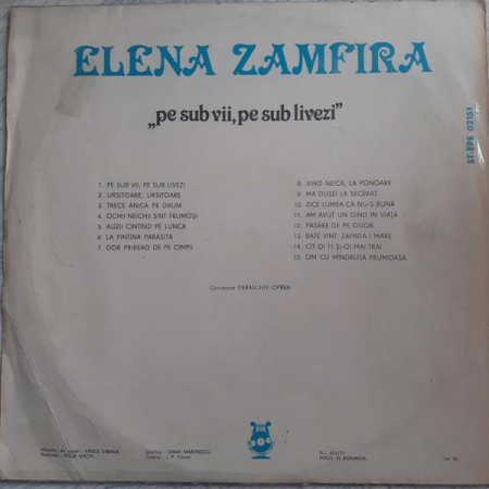 Elena Zamfira - Pe Sub Vii, Pe Sub Livezi, (Disc Vinil) [1]