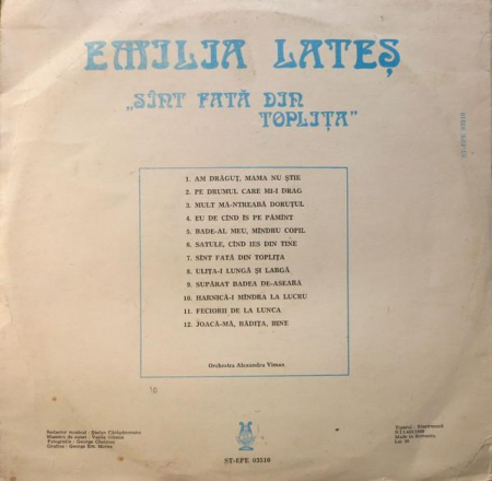 Emilia Lateș - Sînt Fată Din Toplița, (Disc Vinil) [1]