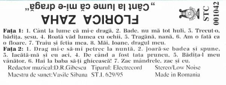 Florica Zaha - Cânt La Lume Că Mi-e Dragă, (Casetă Audio) [1]