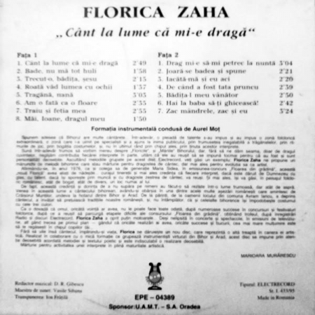 Florica Zaha - Cânt La Lume Că Mi-e Dragă, (Disc Vinil) [1]