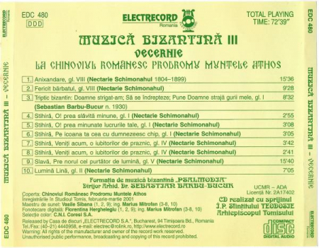 Formația de muzică bizantină „Psalmodia” - Vecernie - Muzică Bizantină III, (CD) [1]