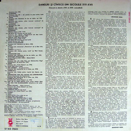 Formație de muzică veche din Tîrgu-Mureș - Dansuri Și Cîntece Din Secolele XVI-XVII (Táncok És Dalok A XVI. És XVII. Századból) (Disc Vinil) [1]