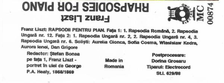 Franz Liszt - Rhapsodies For Piano, (Casetă Audio) [1]