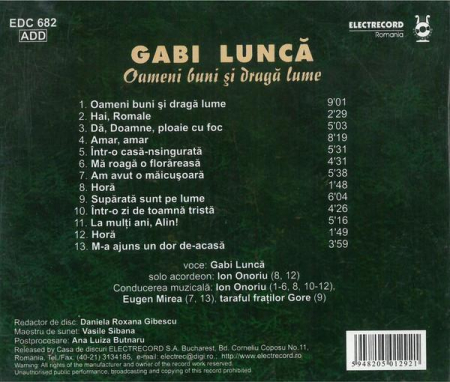 Gabi Luncă - Oameni Buni Și Dragă Lume, (CD) [1]