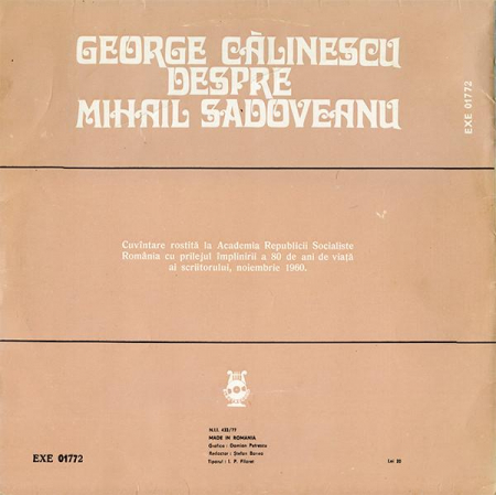 George Călinescu - Despre Mihail Sadoveanu, (Disc Vinil) [1]
