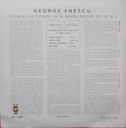 George Enescu – Cvartet De Coarde În Mi Bemol Major, Op. 22, Nr. 1 (VINIL) [1]
