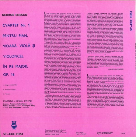 George Enescu - Cvartetul Nr. 1 În Re Major, Pentru Pian, Vioarǎ, Violǎ Și Violoncel Op. 16, (Disc Vinil) [1]