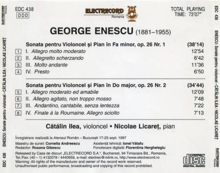 George Enescu - Sonata Pentru Violoncel Și Pian Nr. 1 În Fa Minor, Op. 26 / Sonata Pentru Violoncel Și Pian Nr. 2 În Do Major, Op. 26, (CD) [1]