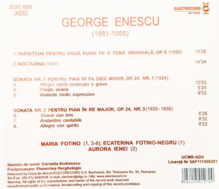 George Enescu - Variațiuni Pentru Două Piane Op.5, Nocturna, Sonata Nr.1 Pentru Pian Op.24 Nr.1, Sonata Nr.3 Pentru Pian Op.24 Nr.3, (CD) [1]