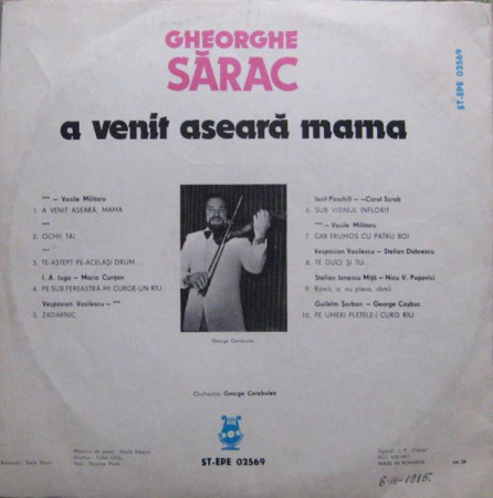 Gheorghe Sărac - A Venit Aseară Mama (Romanțe), (Disc Vinil) [1]
