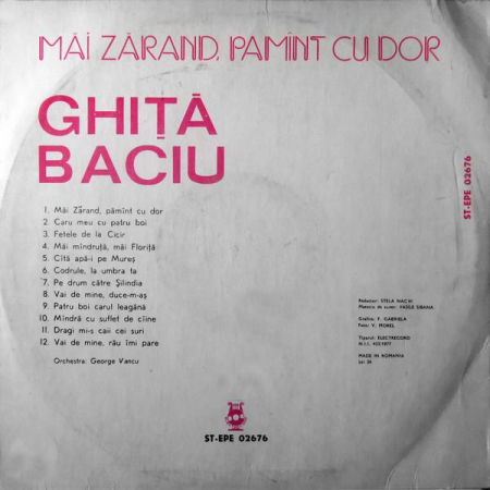 Ghiṭǎ Baciu - Măi Zărand, Pămînt Cu Dor, (Disc Vinil) [1]