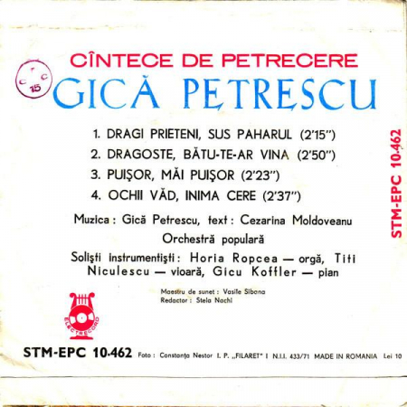 Gică Petrescu - Cîntece De Petrecere, (Disc Vinil) [1]