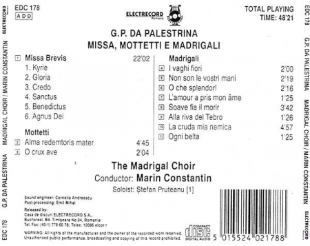 Giovanni Pierluigi da Palestrina - Missa, Mottetti E Madrigale, (CD) [1]