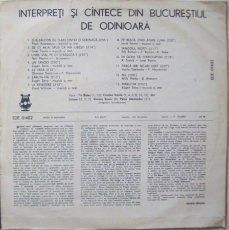 Interpreți Și Cîntece Din Bucureștiul De Odinioară, (Disc Vinil) [1]
