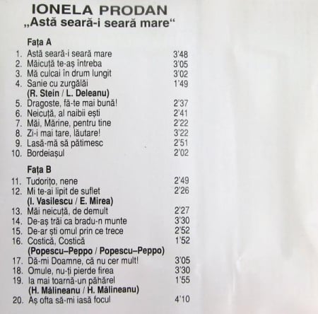 Ionela Prodan - Astă Seară-i Seară Mare, (Casetă Audio) [1]