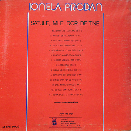 Ionela Prodan – Satule, Mi-e Dor De Tine!, (Disc Vinil) [1]