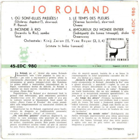 Jo Roland - Où Sont-Elles Passées ? / Incendie À Rio / Le Temps De Pleurs / Amoureux Du Monde Entier, (Disc Vinil) [1]