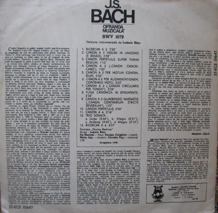 Johann Sebastian Bach - Ofranda Muzicală (Musikalische Opfer / Musical Offering / Offrande Musicale), (Disc Vinil) [1]