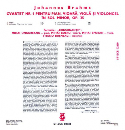 Johannes Brahms - Quartet No. 1 For Piano And Strings In G minor = Cvartet Nr.1 Pentru Pian, Vioară, Violă Și Violoncel În Sol Minor, Op. 25, (Disc Vinil) [1]