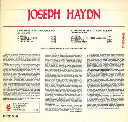 Joseph Haydn - Simfonia Nr. 49 - „La Passione” / Simfonia Nr. 59 - „Feuersymphonie”, (Disc Vinil) [1]