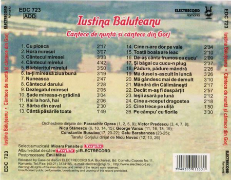 Justina Băluțeanu - Cântece De Nuntă Și Cântece Din Gorj, (CD) [1]