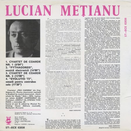 Lucian Mețianu – String Quartet No.1 ● Pythagoreis ● String Quartet No.2 ● Evolutio '73 (Disc Vinil) [1]
