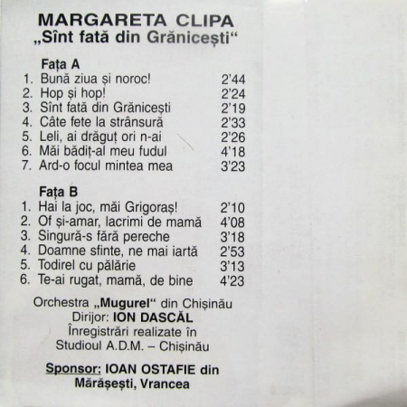 Margareta Clipa - Sînt Fată Din Grănicești , (Casetă Audio) [1]