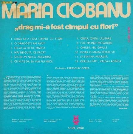 Maria Ciobanu - Drag Mi-a Fost Cîmpul Cu Flori, (Disc Vinil) [1]
