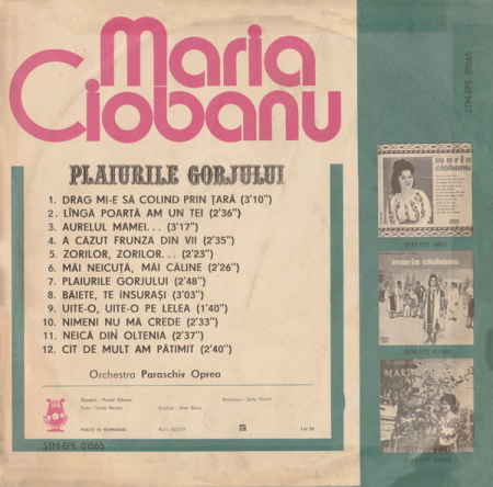 Maria Ciobanu – Plaiurile Gorjului, (Disc Vinil) [1]