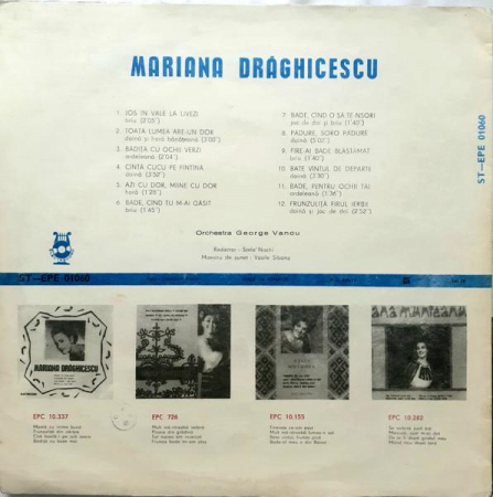 Mariana Drăghicescu - Jos În Vale La Livezi, (Disc Vinil) [1]