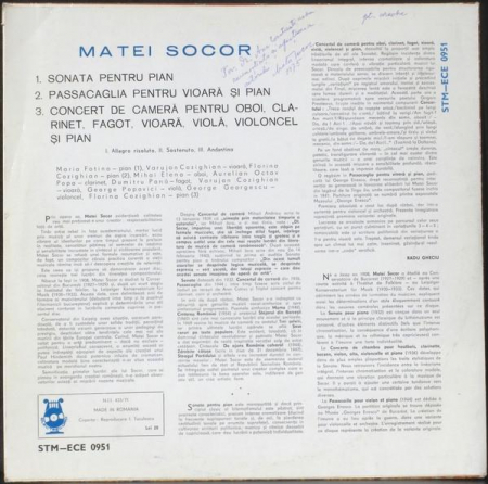 Matei Socor - Sonata Pentru Pian / Passacaglia Pentru Vioară Și Pian / Concert De Cameră Pentru Oboi, Clarinet, Fagot, Vioară, Violă, Violoncel Și Pian, (Disc Vinil) [1]