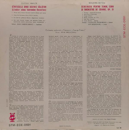 Mihai Brediceanu - Gustav Mahler - Cîntecele Unui Ucenic Călător / Benjamin Britten - Serenada Pentru Tenor, Corn Și Orchestră De Coarde, (Disc Vinil) [1]