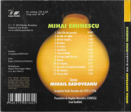 Mihail Sadoveanu Citește: Mihai Eminescu – Mihail Sadoveanu Citește Din Versurile Lui Mihai Eminescu (CD) [1]
