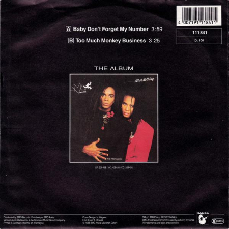 Milli Vanilli - Baby Don't Forget My Number (7 Inch), (Disc Vinil) [1]