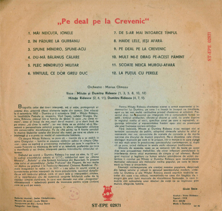 Mituța Și Dumitru Ridescu - Pe Deal Pe La Crevenic, (Disc Vinil) [1]