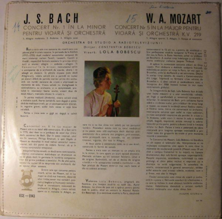 Mozart / Bach - Lola Bobescu / Orchestra de studio a Radioteleviziunii* / Dirijor: Constantin Bobescu – Concert Nr. 5 În La Major Pentru Vioară Și Orchestră / Concert Nr. 1 În La Minor Pentru Vioară Ș [1]