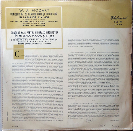 Mozart* – Pian Maria Fotino / Vioară Mihai Constantinescu (2) – Concert Nr. 23 Pentru Pian / Concert Nr. 6 Pentru Orchestră (VINIL) [1]