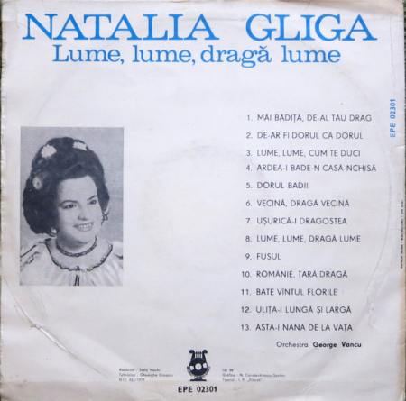Natalia Gliga - Lume, Lume, Dragă Lume, (Disc Vinil) [1]