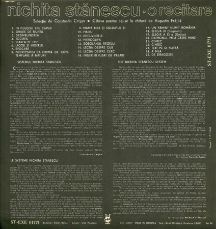 Nichita Stănescu - O Recitare, (Disc Vinil) [1]