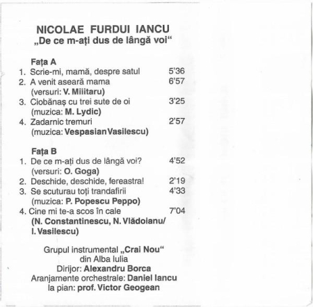 Nicolae Furdui Iancu - De Ce M-ați Dus De Lângă Voi , (Casetă Audio) [1]