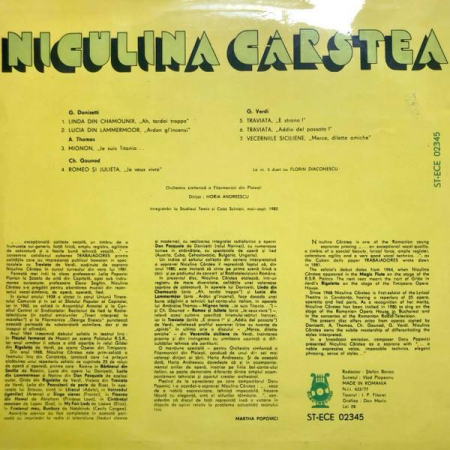 Niculina Cârstea - Arii Din Opere, (Disc Vinil) [1]