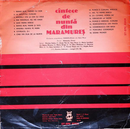Orchestra Ansamblului "Maramureșul" Din Baia Mare - Cîntece De Nuntă Din Maramureș, (Disc Vinil) [1]