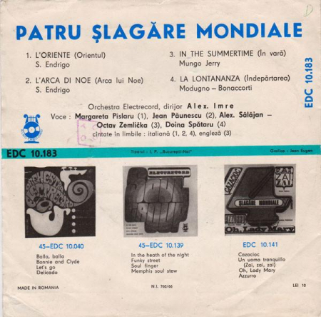 Orchestra Electrecord - 4 Șlagăre Mondiale: L'oriente ● L'arca Di Noe ● In The Summertime ● La Lontananza, (Disc Vinil) [1]