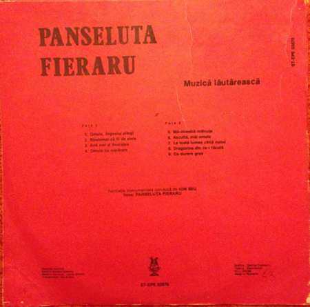 Panseluța Fieraru - Muzică Lăutărească, (Disc Vinil) [1]