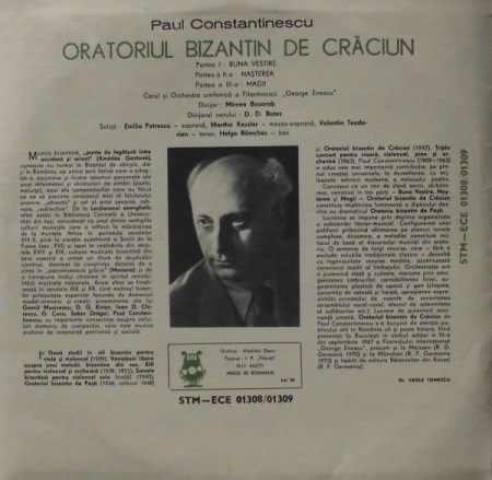 Paul Constantinescu - Oratoriul Bizantin De Crăciun = Oratorio Byzantin De Noël = Byzantine Christmas Oratorio, (Disc Vinil) [1]