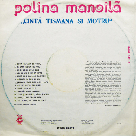 Polina Manoilă – Cîntă Tismana Și Motru, (Disc Vinil) [1]