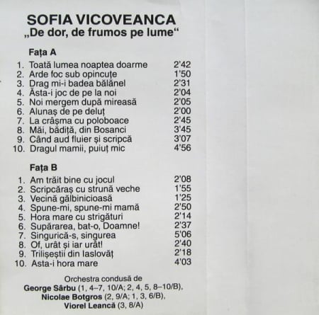 Sofia Vicoveanca - De Dor, De Frumos Pe Lume, (Casetă Audio) [1]